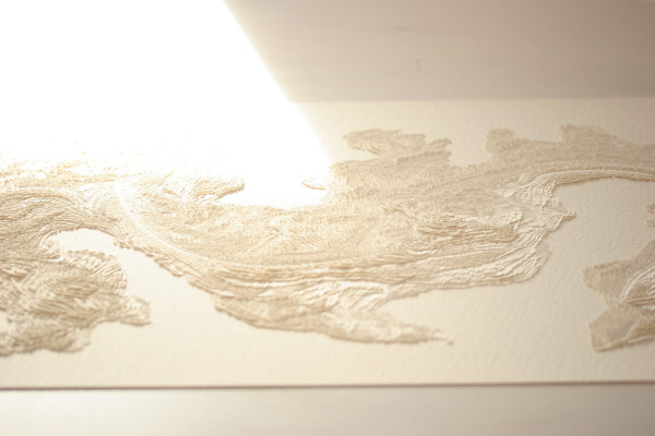 Une œuvre de l'artiste plasticienne Vanessa Dargier Miquieux. Un monochrome blanc . Un bas-reliefs sculpté sur papier aquarelle. Des formes organiques apparaissent.